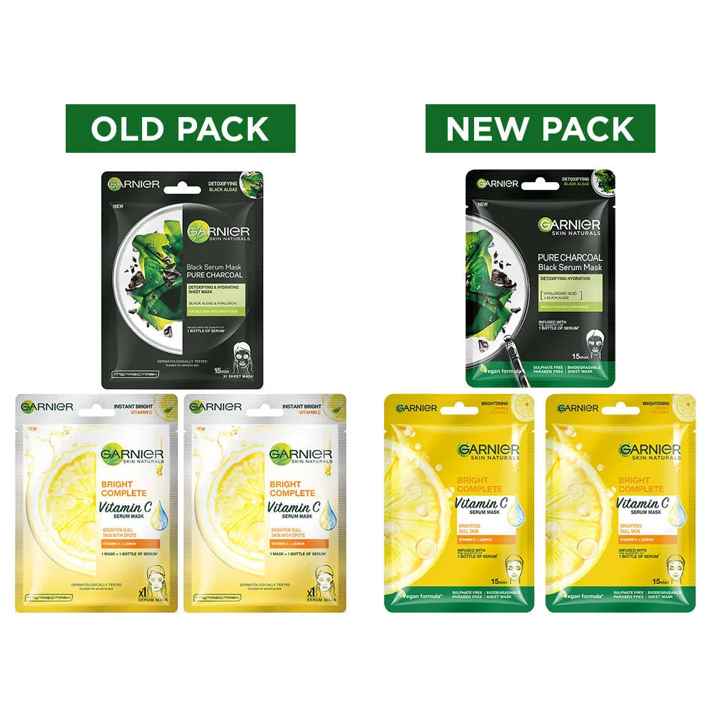 Garnier Skin Naturals Pack of 3 Face Serum Sheet Mask - 2 Bright Complete + 1 Charcoal
