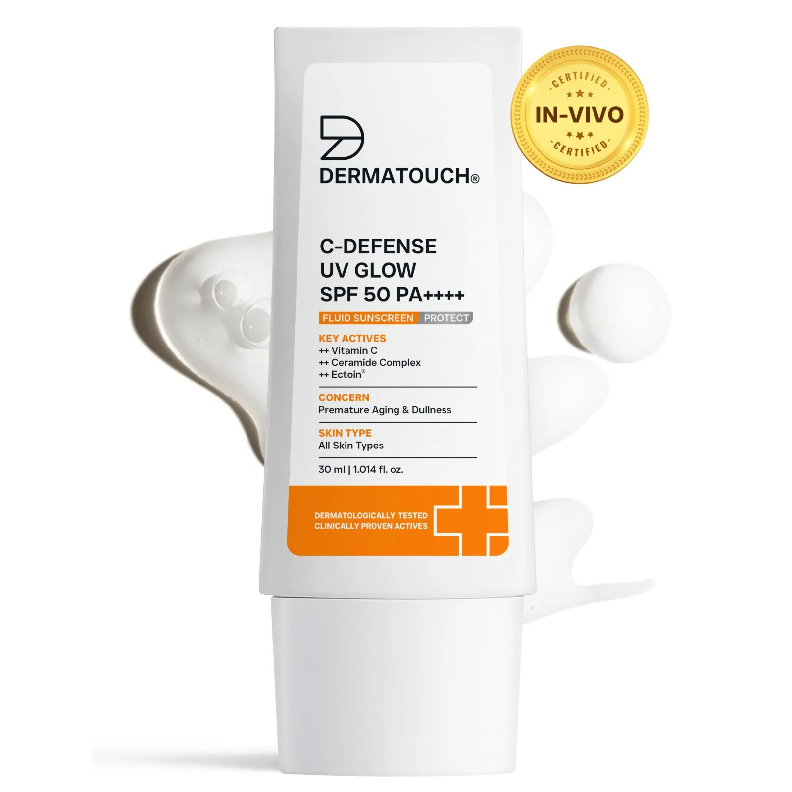 Dermatouch C-Defense UV Glow SPF 50 PA++++ Fluid Sunscreen for Premature Aging & Sunburn (In-Vivo & In-Vitro Tested)