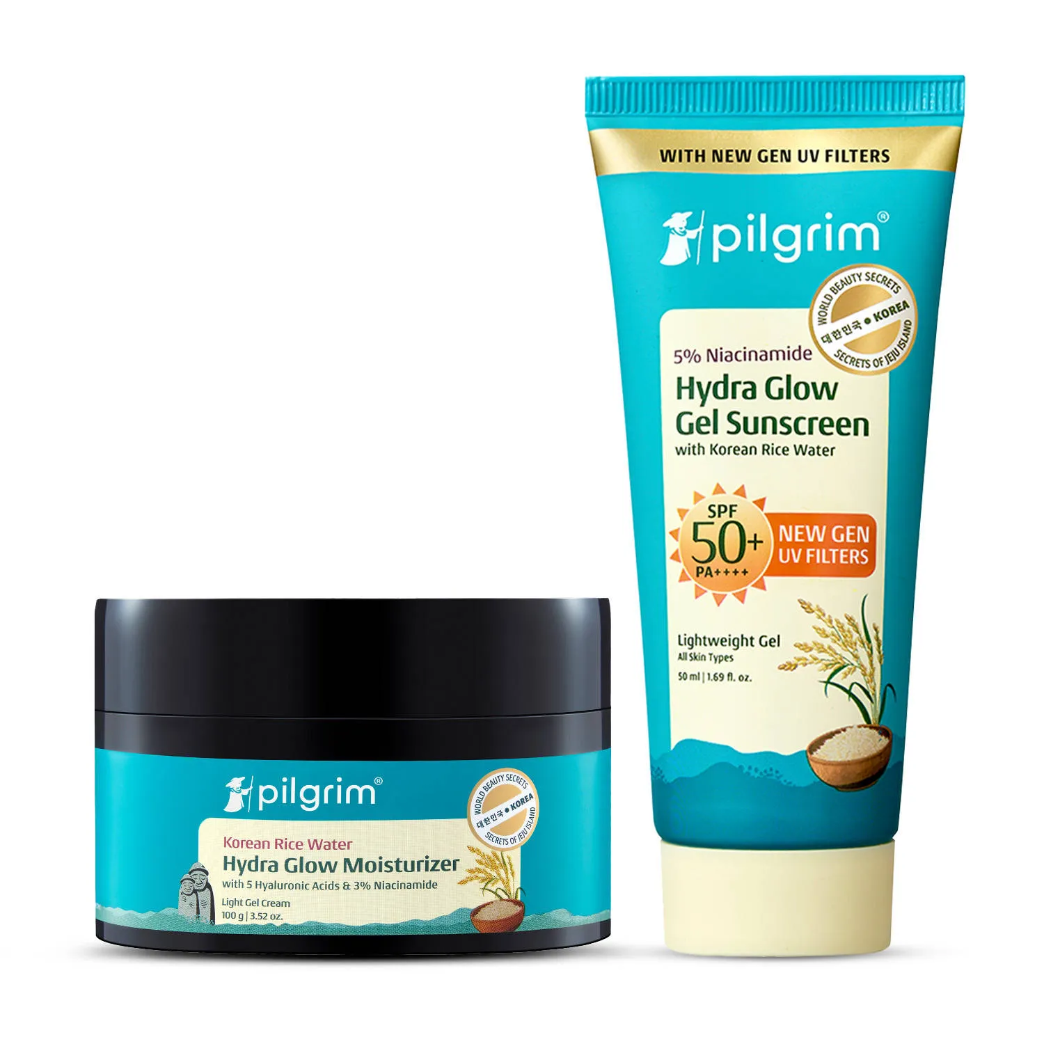 Pilgrim Korean Rice water Hydra Glow Gel Moisturizer and SPF 50+ PA++++ Gel Sunscreen Duo