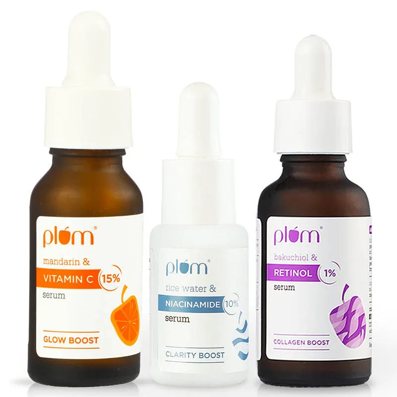 Plum Glow, Bright & Renew Serum Trio - 15% Vitamin C + 10% Niacinamide + 1% Retinol Serum