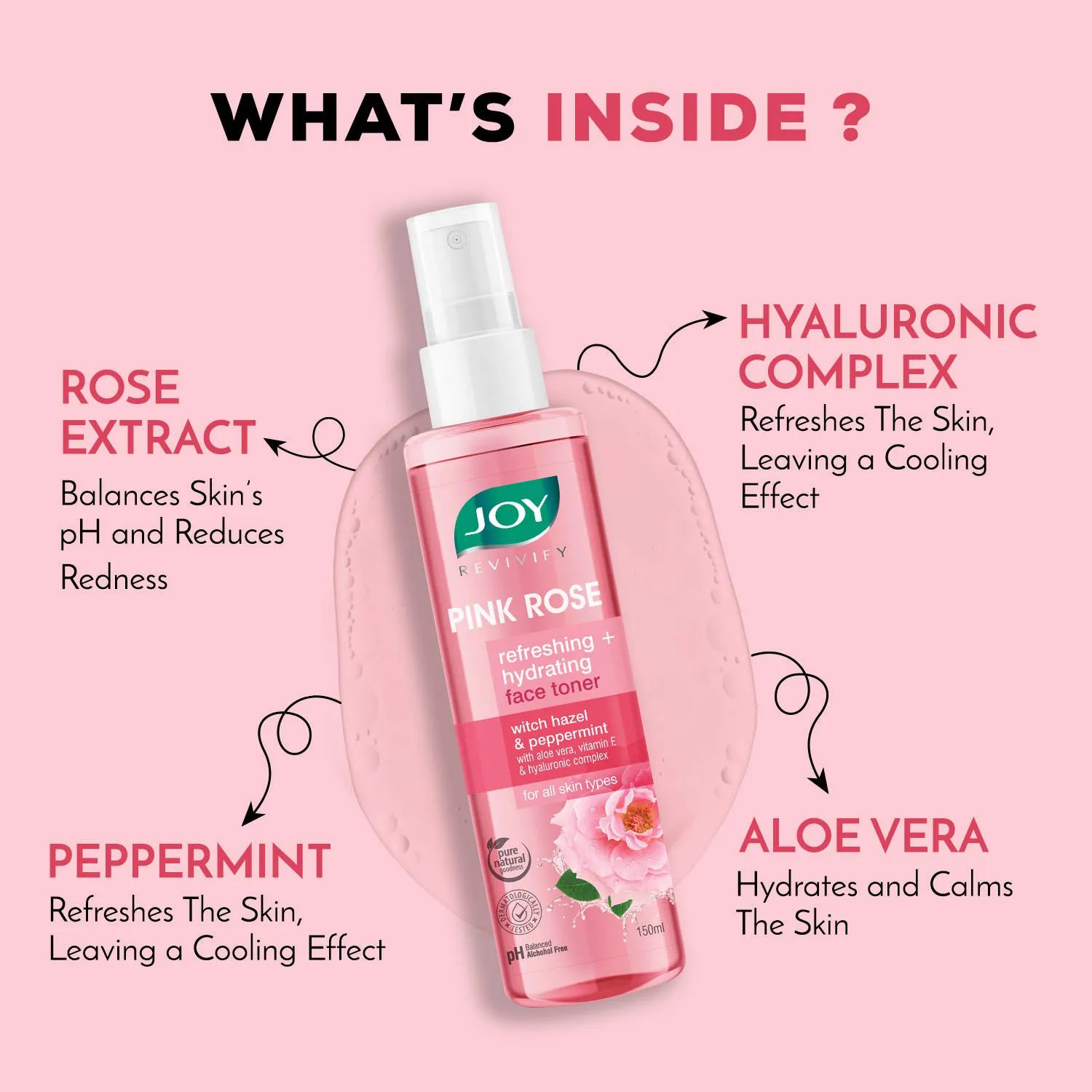 Joy Pink Rose refreshing Hydrating Face Toner With Hazel & PepperMint For Hydrating Skin pH Balanced, Alcohol Free & For All Skin Types