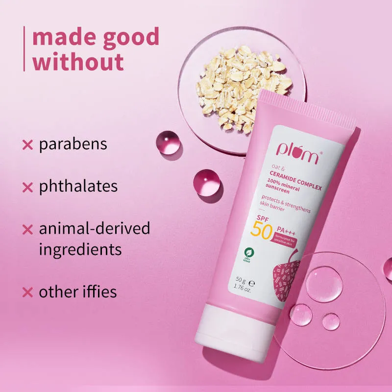 Plum Ceramide & Oat Mineral Sunscreen SPF 50 PA+++ Protects Skin Barrier, For Dry ToNormalSkin