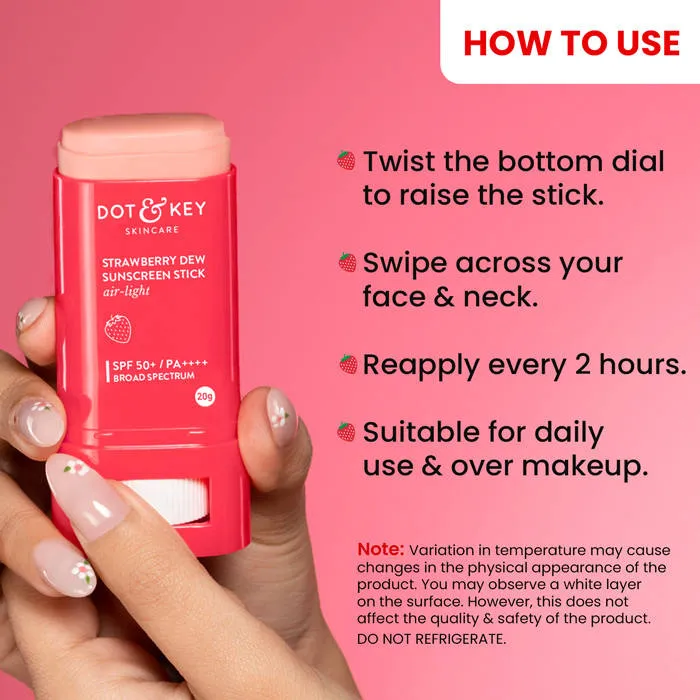 Dot & Key Strawberry Dew Sunscreen Stick In-Vivo Tested SPF 50+ PA++++, Makeup Friendly
