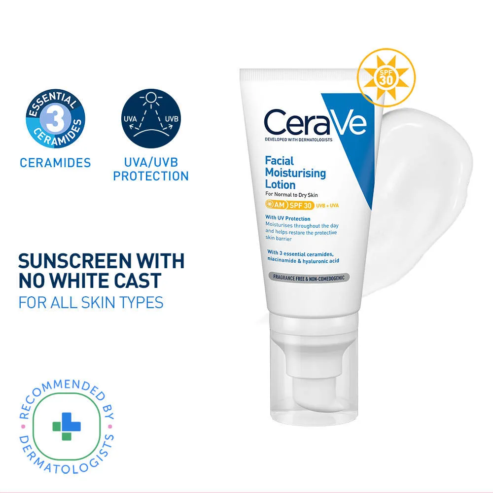 CeraVe AM Facial Moisturizing Lotion With Sunscreen SPF 30 UVB + UVA, Dermatologist