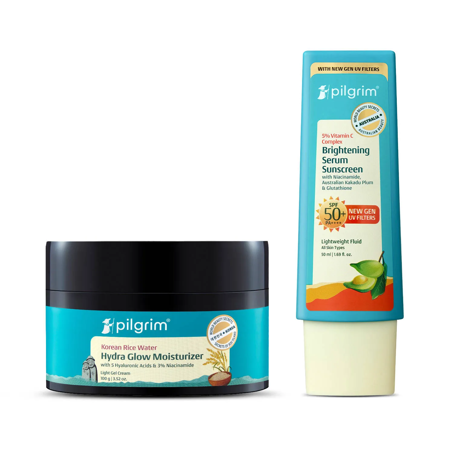 Pilgrim Korean Rice Water Hydra Glow Moisturizer & SPF 50+ PA++++ Sunscreen Duo