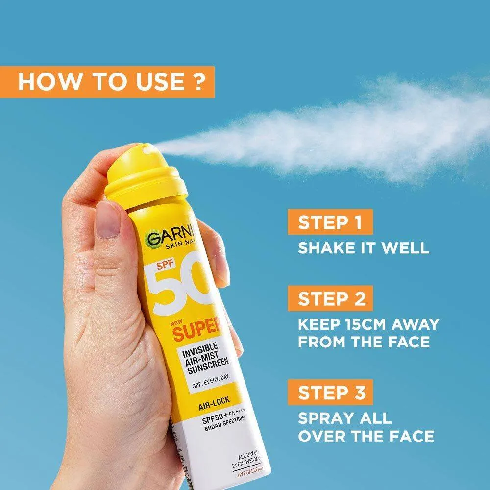 Garnier Super UV Invisible Air Mist Spray Sunscreen SPF50 PA++++ For UVA/B, Over Makeup Spray, No White Cast