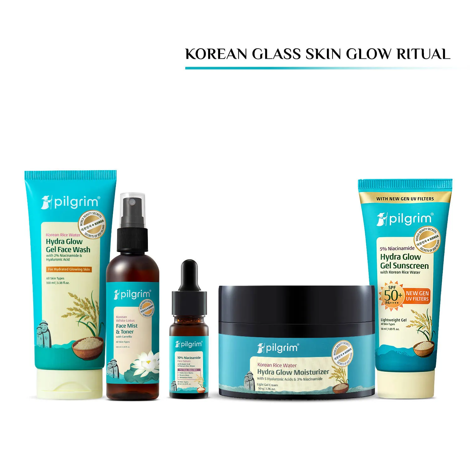 Pilgrim Complete Korean Hydration Kit- Facewash, Toner, Serum, Moisturizer & Sunscreen