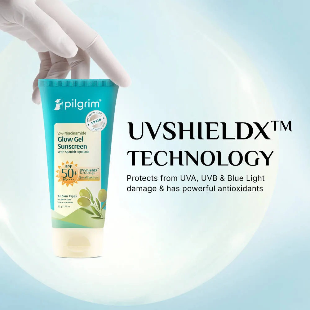 Pilgrim 2% Niacinamide Glow Gel Sunscreen SPF 50+++ Uv ShieldX Boost Glow Non-greasy No white cast