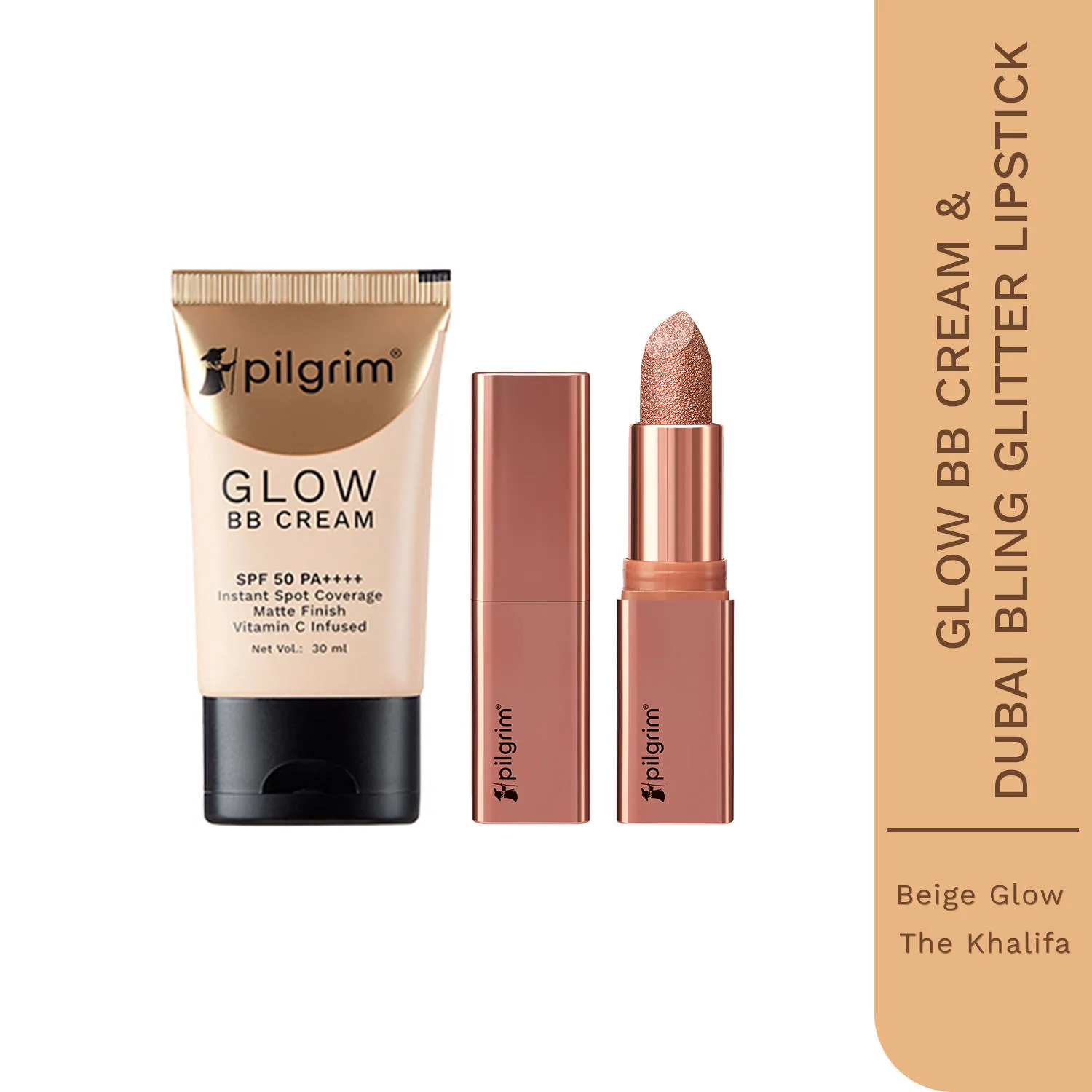 Pilgrim Makeup Duo Dubai Bling Khalifa Glitter Lipstick & Beige Glow BB Cream SPF 50 PA++++