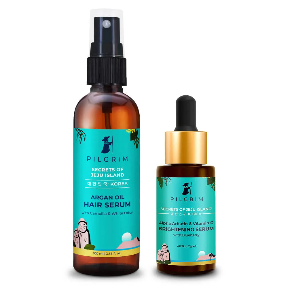 Pilgrim Skin & Hair Combo Alpha Arbutin & Vitamin C Brightening Serum + Argan Oil Hair Serum