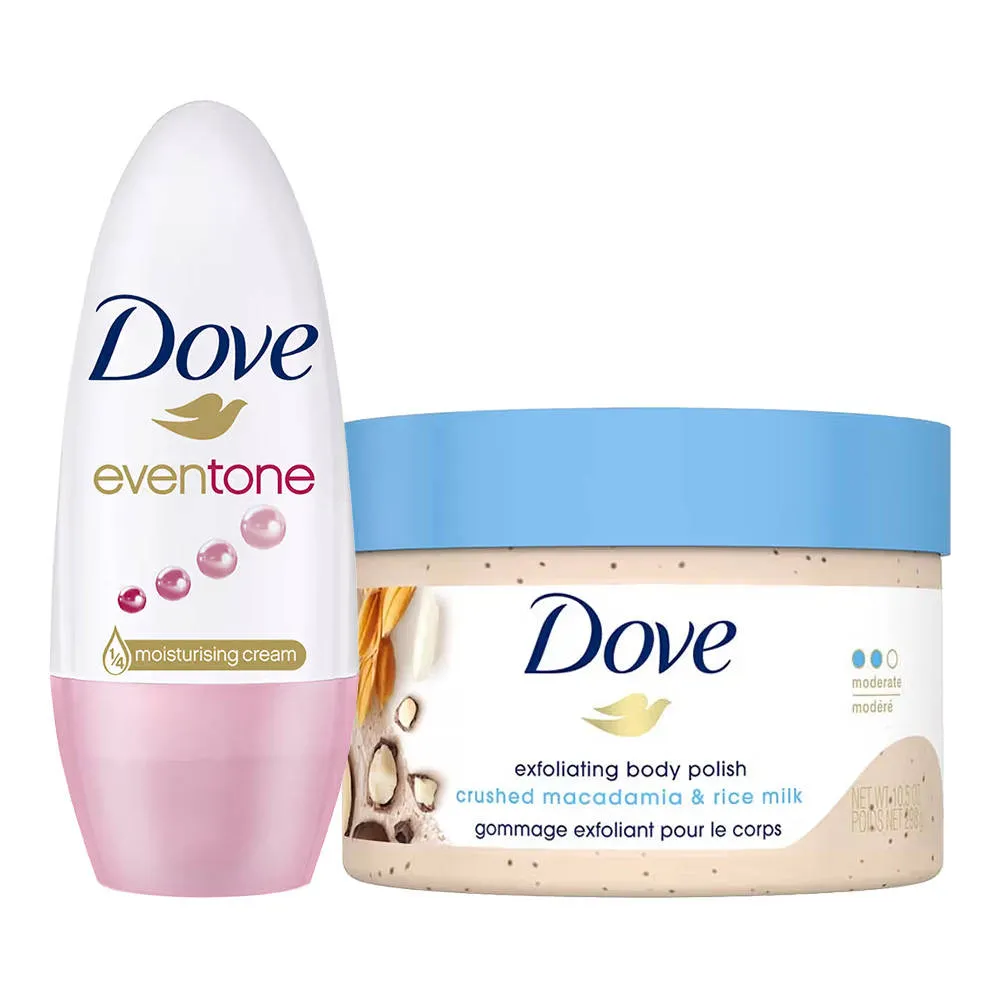 Dove Crushed Macadamia & Rice Milk Body Polish + Eventone Roll On