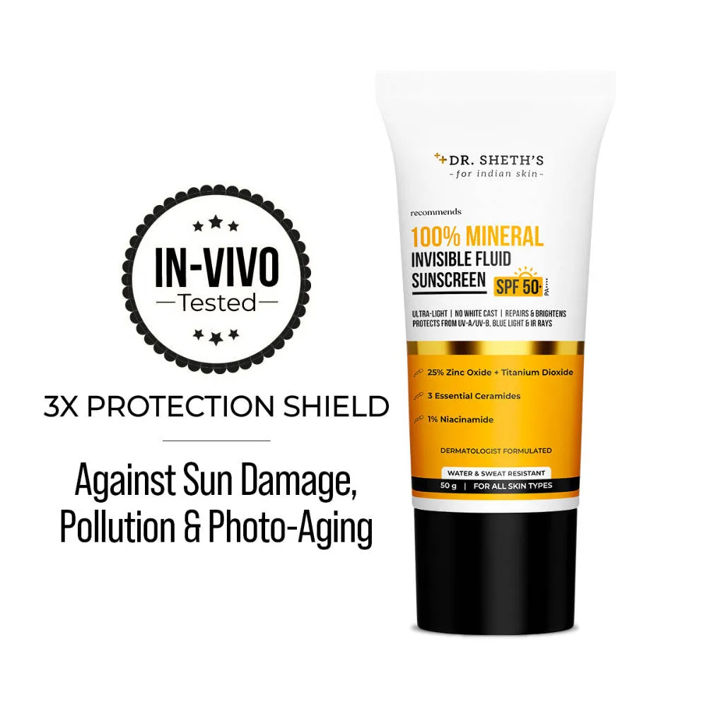 Dr. Sheth's 100% Mineral Invisible Fluid Sunscreen In-Vivo Tested SPF 50+ PA++++
