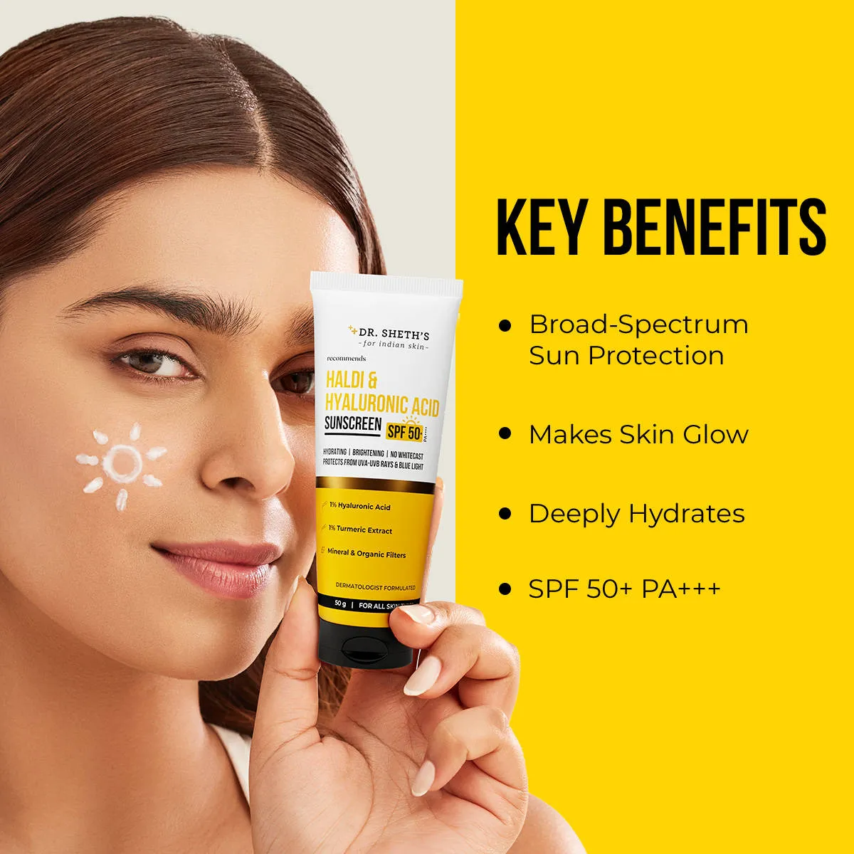 Dr. Sheth'S Haldi & Hyaluronic Acid Sunscreen Spf 50+ Pa+++ For All Skin Type
