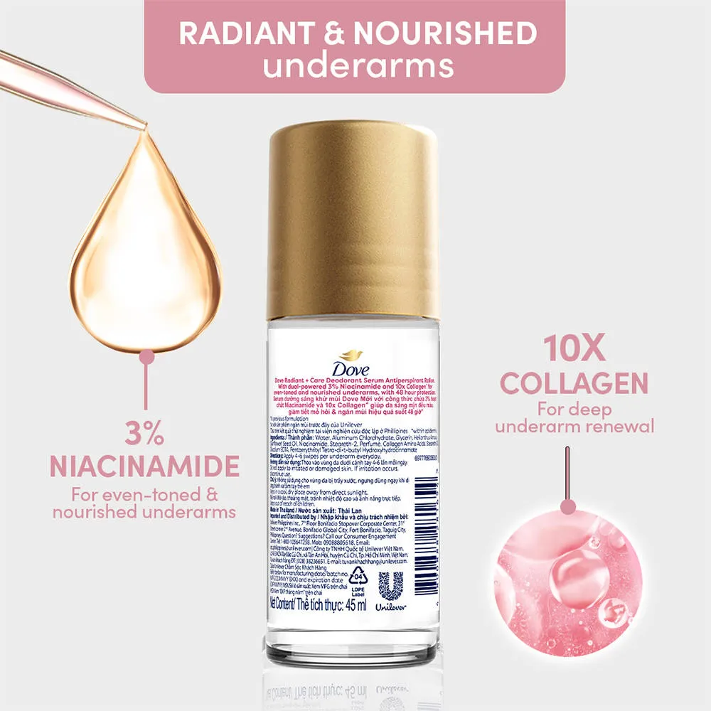 Dove Radiant+Care Roll On Deodorant Serum With 3% Niacinamide & 10X Collagen