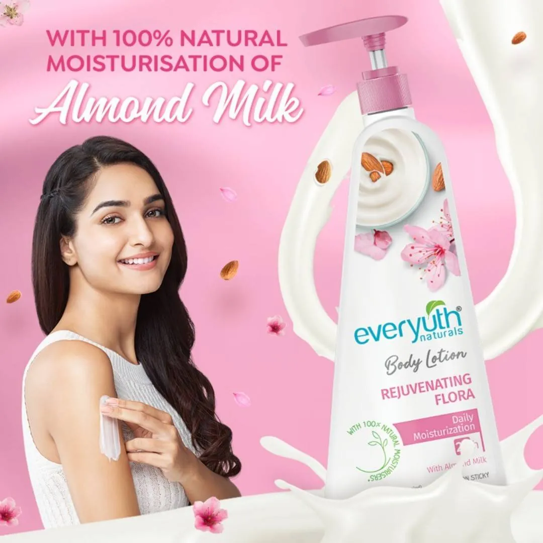 Everyuth Naturals Body Lotion - Rejuvenating Flora with 100% Nautral Almond Milk, Non Sticky, Daily