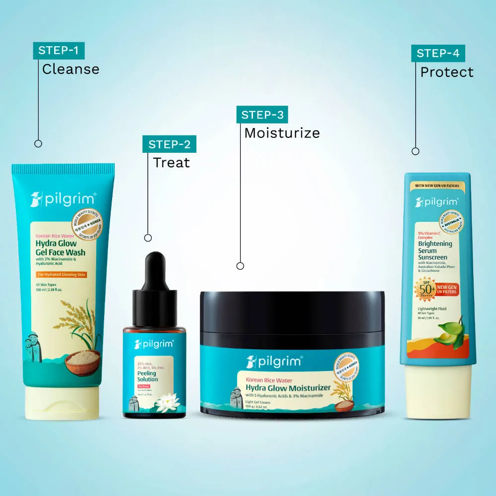 Pilgrim Korean Hydra Glow Facewash, Serum, Moisturizer & Vitamin C Suncreen CSMS Range All Skin Type
