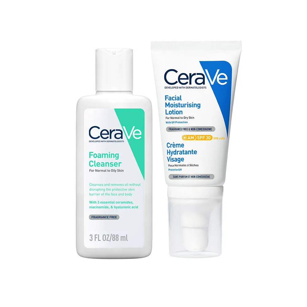 CeraVe Facewash & AM Moisturizing Lotion with SPF 30 Combo - Morning Routine for Oily Skin