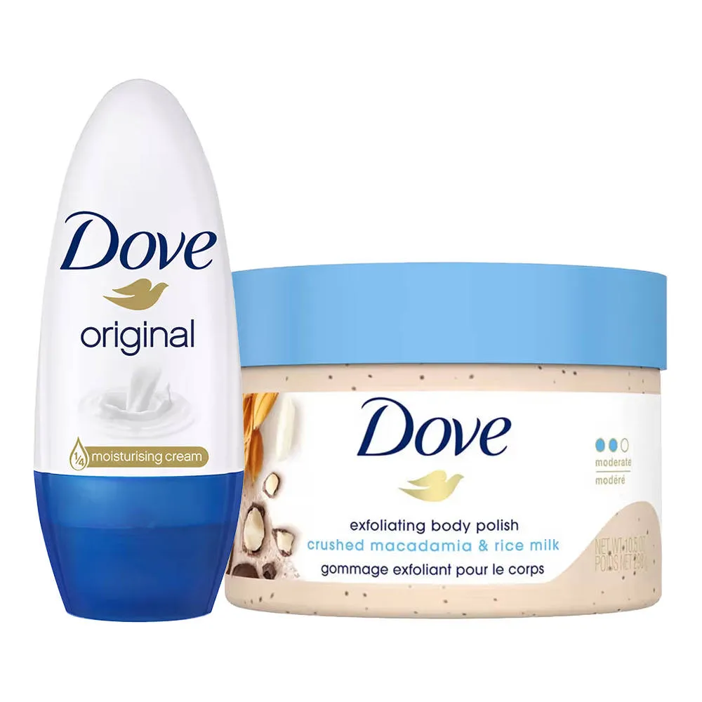 Dove Exfoliating Body Polish Crushed Macadamia And Rice Milk And Orginal Roll On