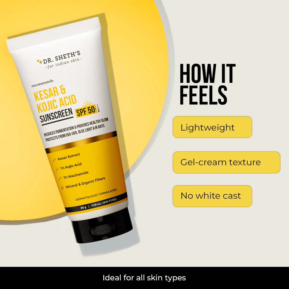 Dr. Sheth's Kesar & Kojic Sunscreen SPF 50+ PA++++ In-Vivo Tested for Pigmentation-Free Skin(50g)