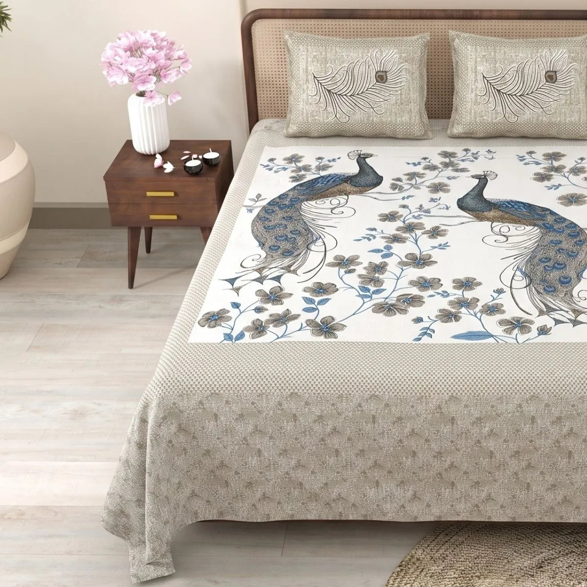Pure Cotton Jaipuri King Bedsheet (Peacock Printed)