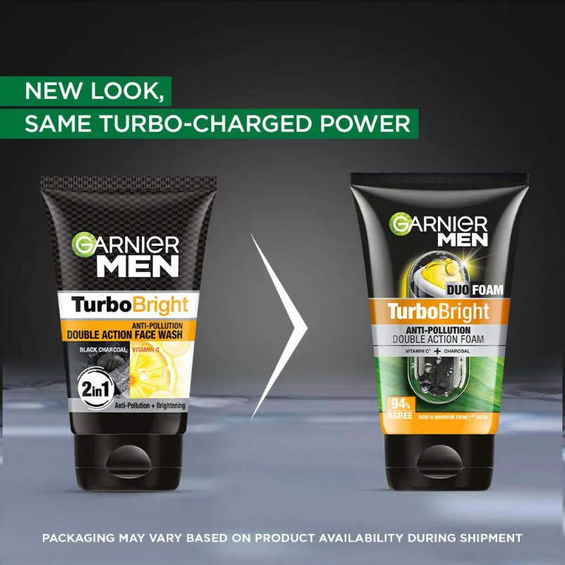 Garnier Men Turbo Bright Anti-Pollution Double Action with Charcoal and Vitamin C Face Wash