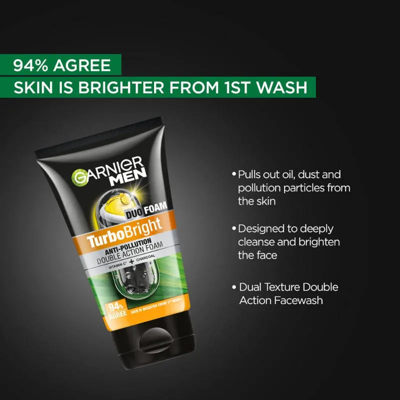 Garnier Men Turbo Bright Anti-Pollution Double Action with Charcoal and Vitamin C Face Wash