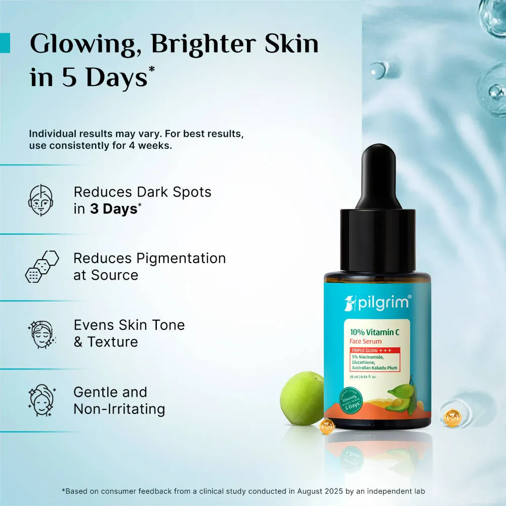 Pilgrim 10% Vitamin C Face Serum Triple Glow+++ with 5%Niacinamide Brightens All Skin Type Pack of 2