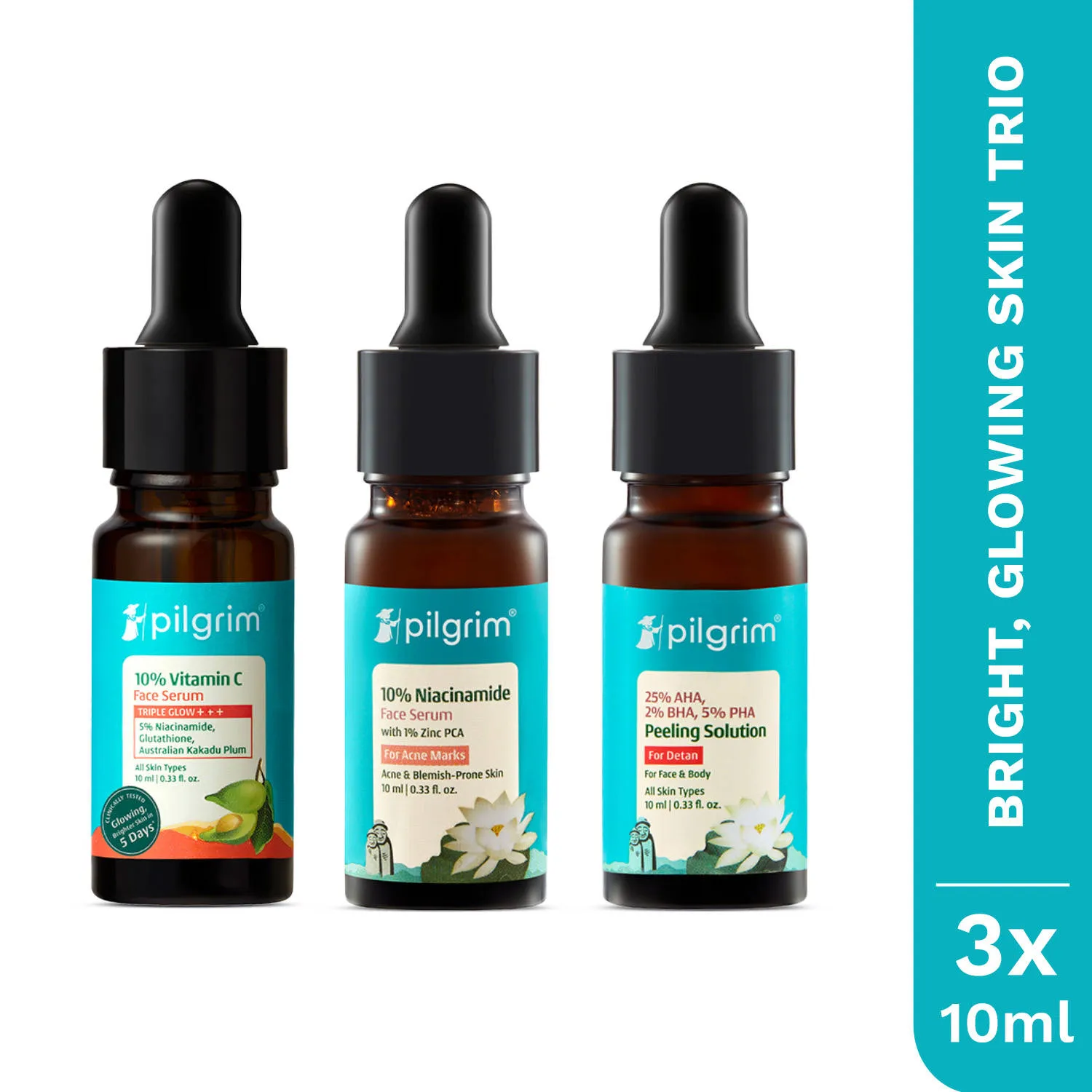Pilgrim Bright, Glowing Skin Trio 10% Vitamin C, 10% Niacinamide & 25% AHA BHA PHA Face Serums