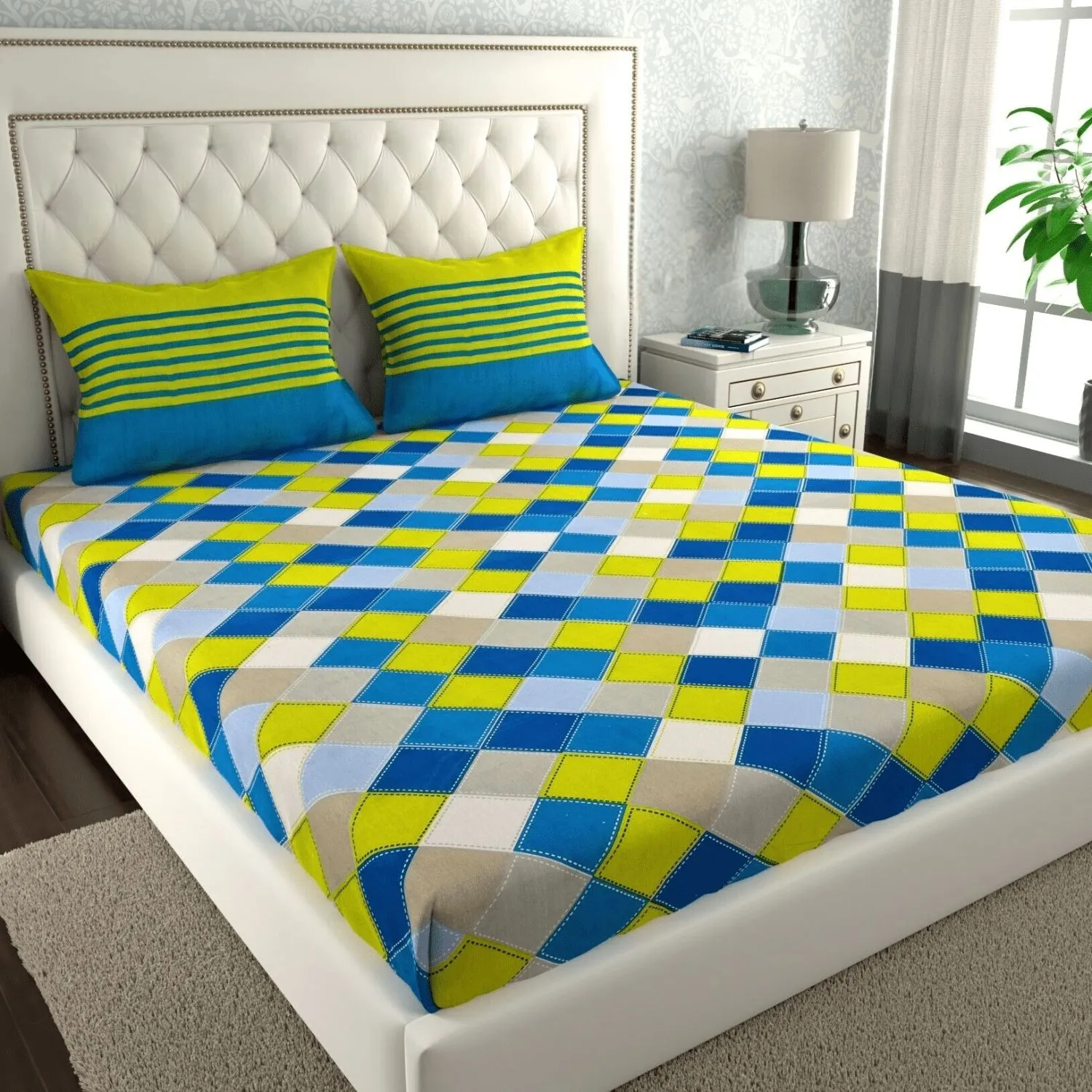 Pure Cotton Jaipuri Bedsheet (Check, Printed)