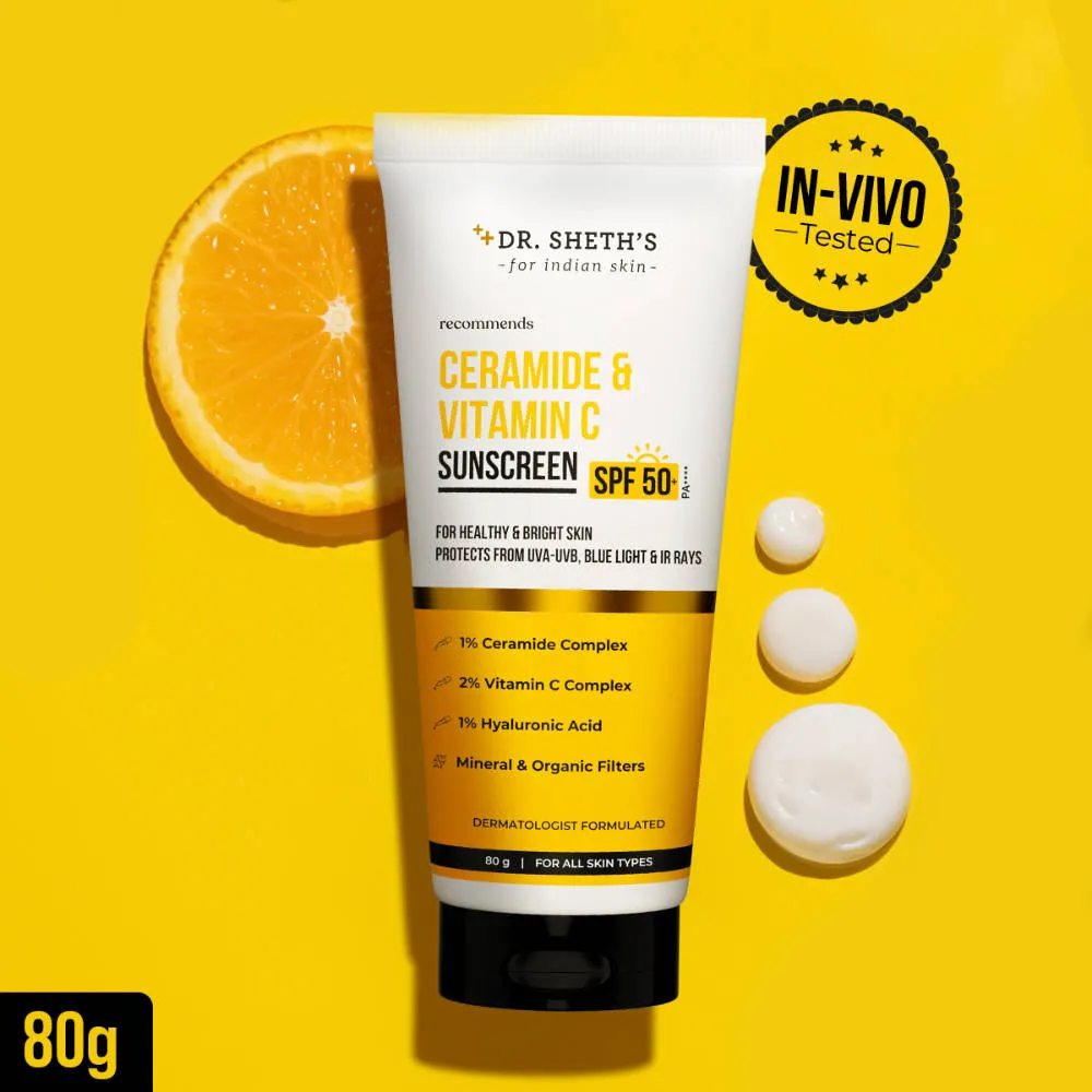 Dr. Sheth's Ceramide & Vitamin C Sunscreen SPF 50+ PA++++ In-Vivo Tested for Bright Skin