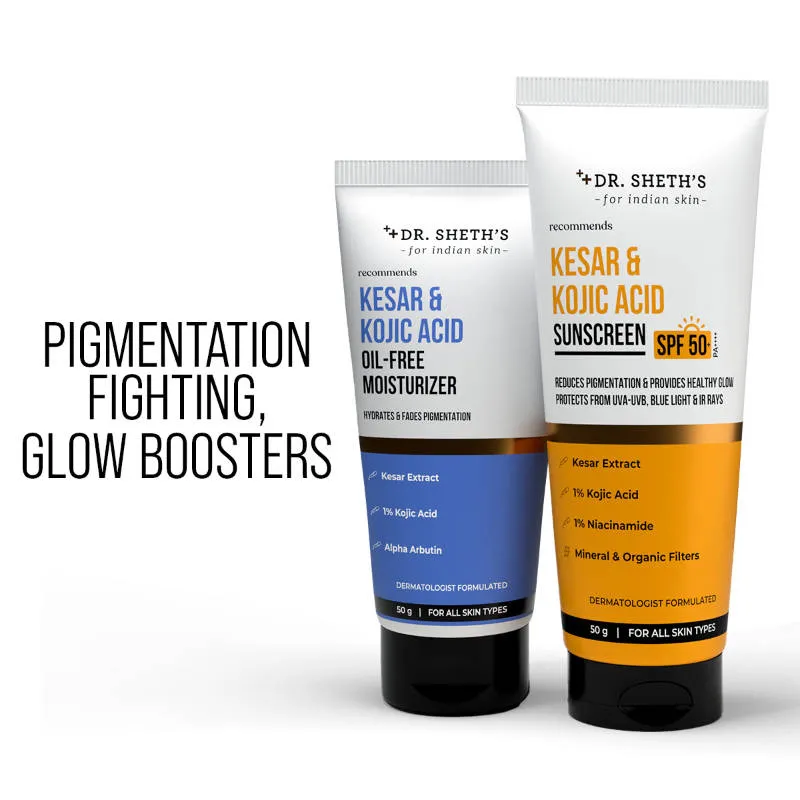 Dr. Sheth's Pigmentation-Free Duo - Kesar & Kojic Sunscreen SPF 50+ & Oil-Free Moisturizer