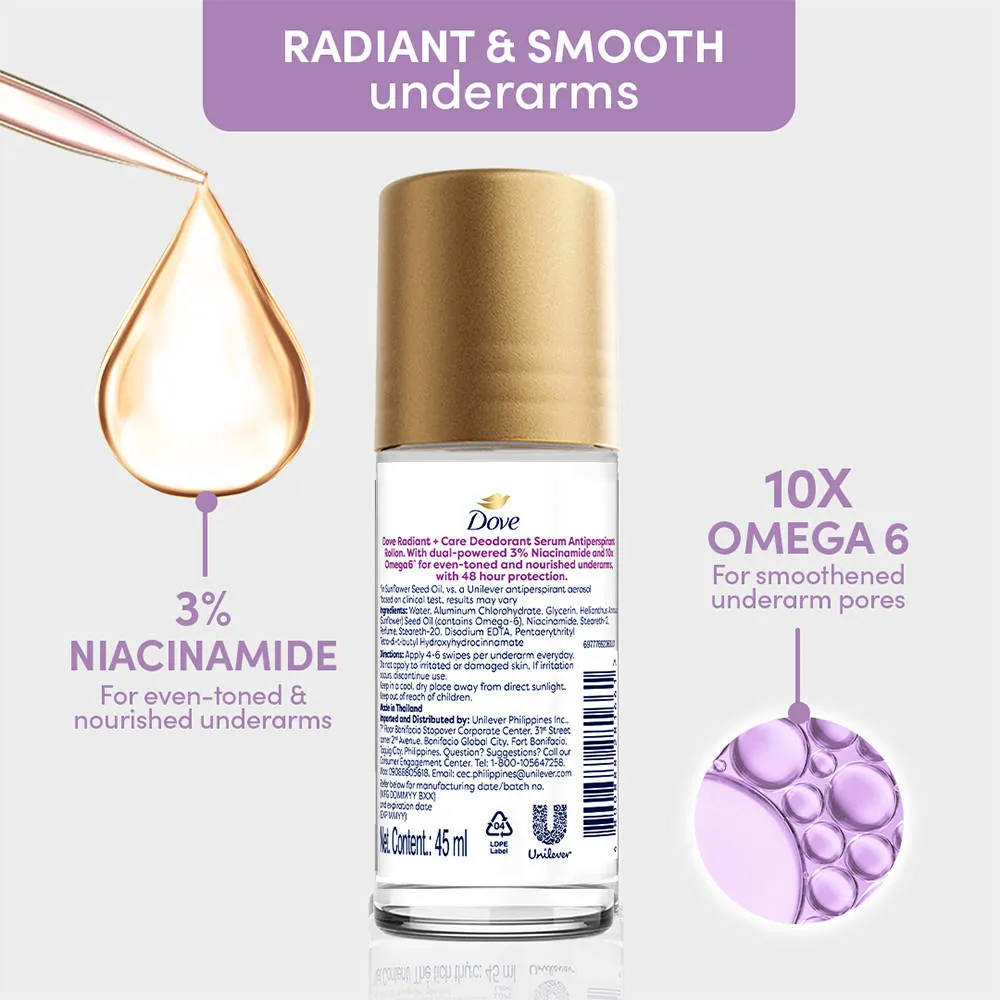Dove Radiant+Care Roll On Deodorant Serum With 3% Niacinamide & 10X Omega 6