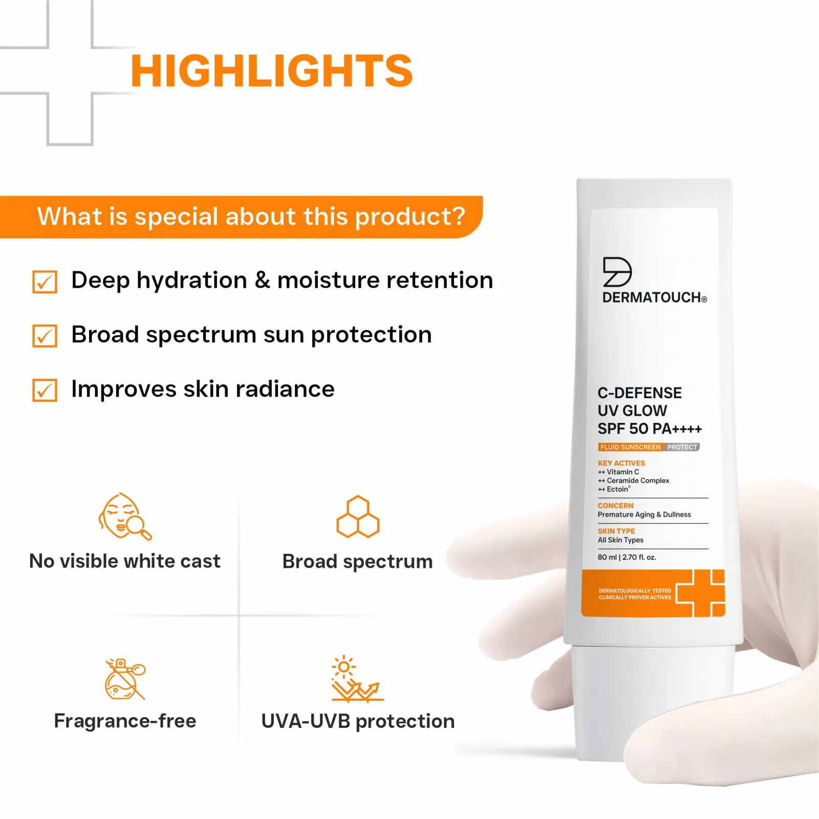 Dermatouch C-Defense UV Glow SPF 50 PA++++ Fluid Sunscreen for Premature Aging & Sunburn (In-Vivo & In-Vitro Tested) 80ml