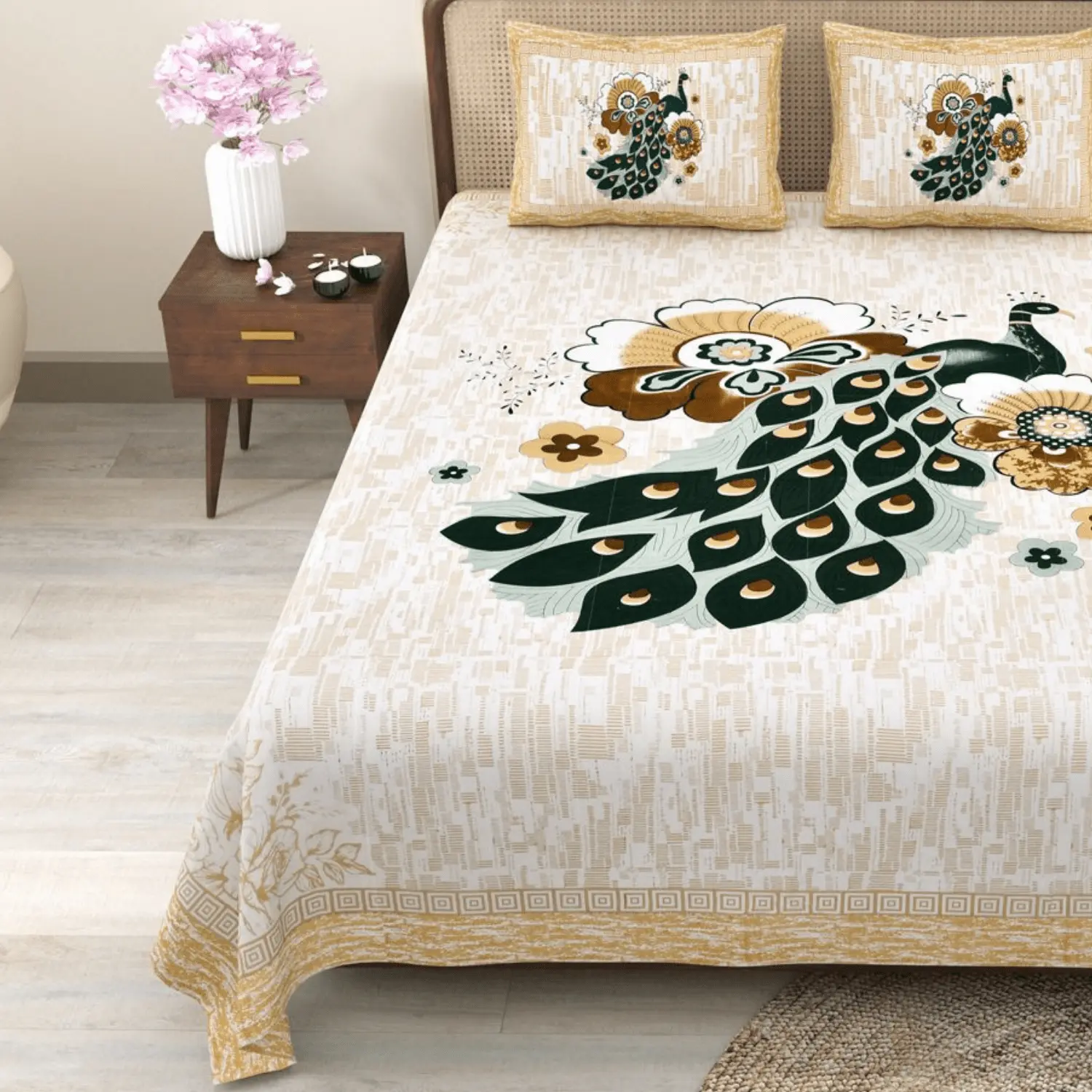 Pure Cotton Jaipuri King Bedsheet (Peacock Printed)
