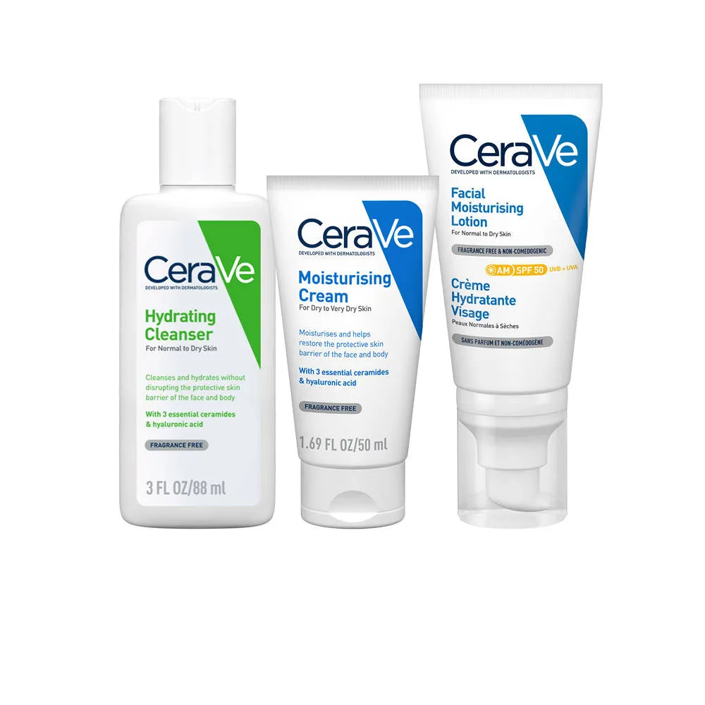 CeraVe Morning Skincare Combo of Facewash, Moisturizer, SPF 50- Routine for Normal To Dry Skin