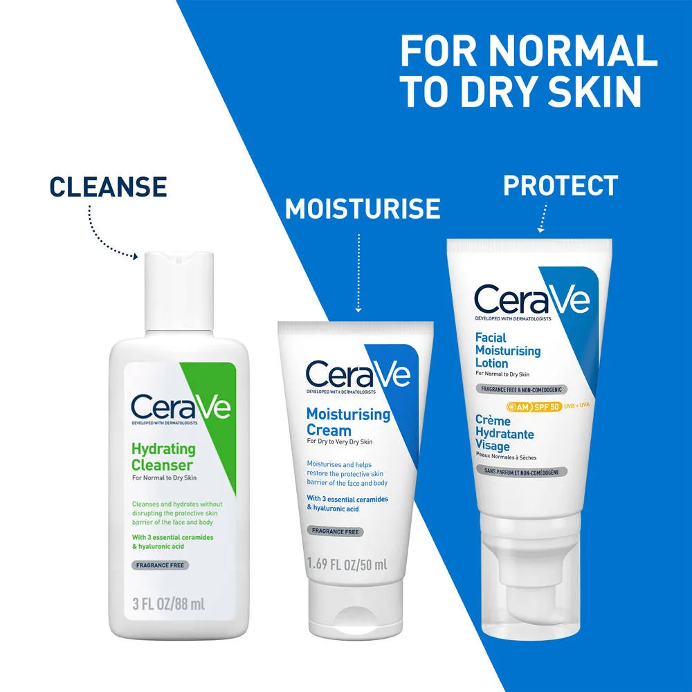 CeraVe Morning Skincare Combo of Facewash, Moisturizer, SPF 50- Routine for Normal To Dry Skin