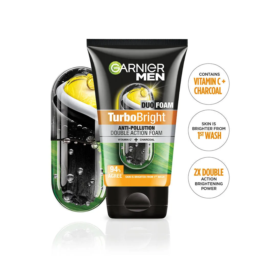 Garnier Men Turbo Bright Anti-Pollution Double Action with Charcoal and Vitamin C Face Wash
