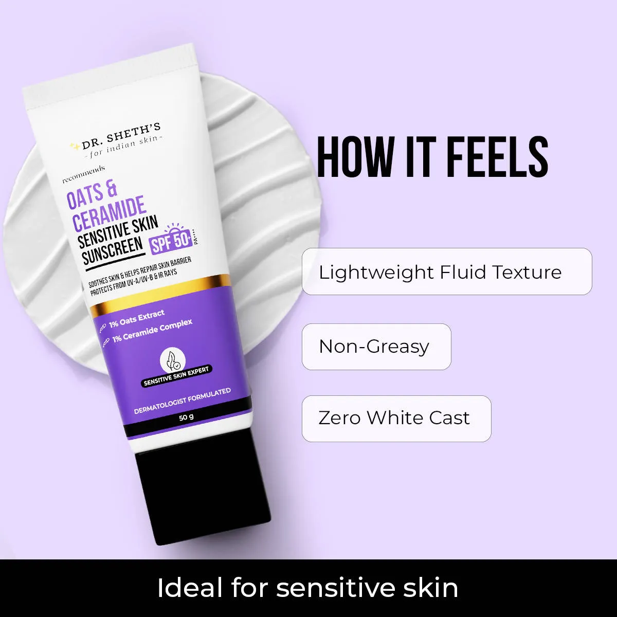 Dr. Sheth'S Oats & Ceramide Sensitive Skin Sunscreen Spf 50+ Pa++++ Oil-Free Sunscreen