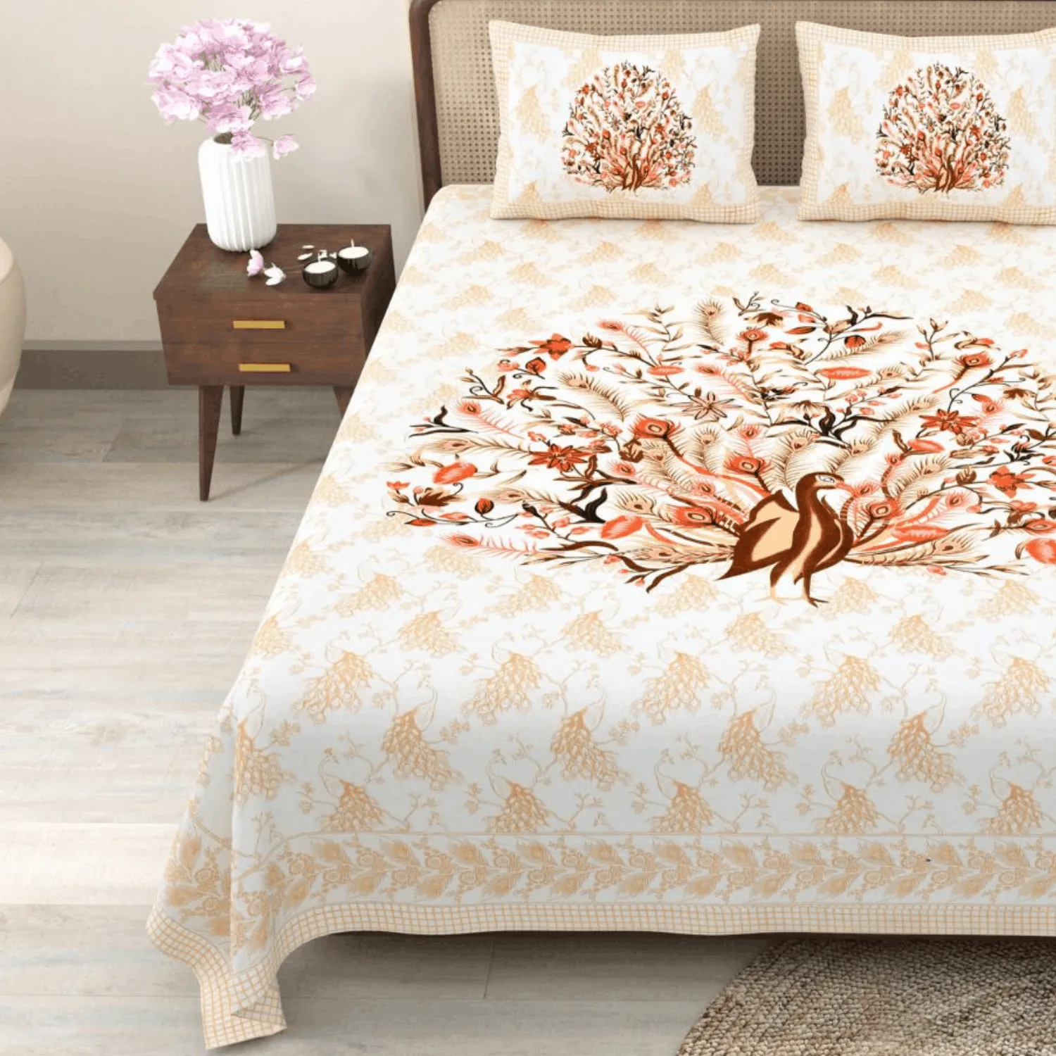 Pure Cotton Jaipuri King Bedsheet (Peacock Printed)