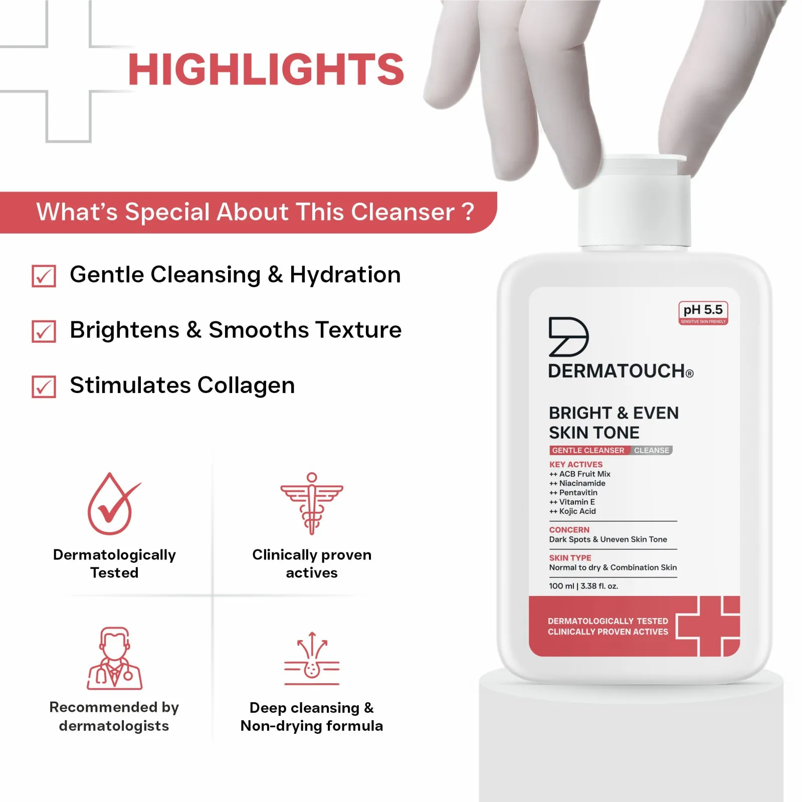 Dermatouch Bright & Even Skin Tone Gentle Cleanser For Dark Spots & Uneven Skin Tone