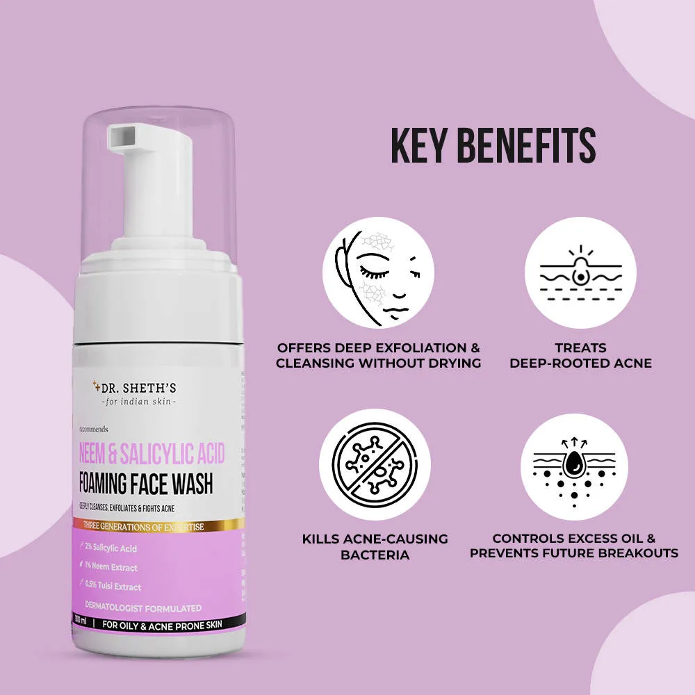 Dr. Sheth's Neem & Salicylic Acid Foaming Face Wash, With 2% Salicylic Acid, For Acne-Prone Skin