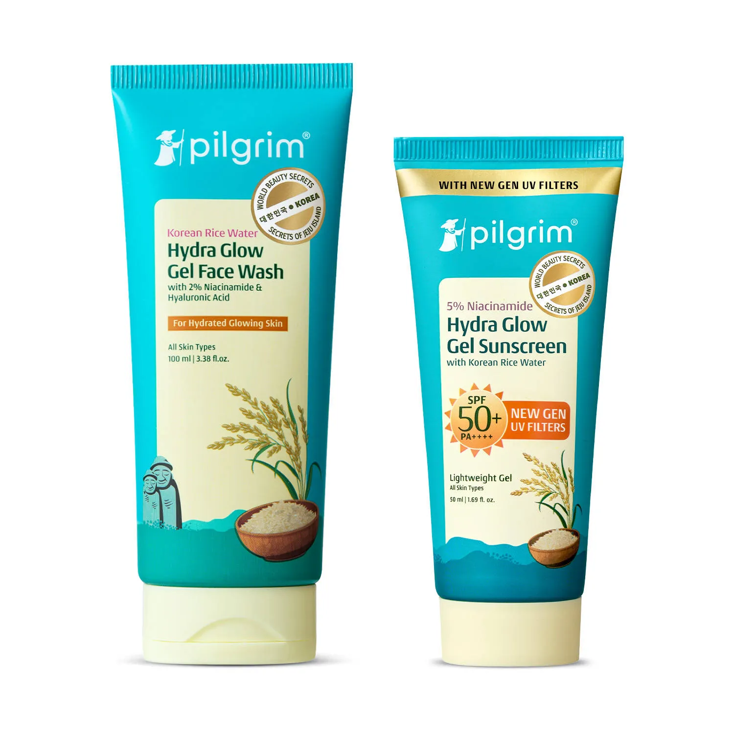 Pilgrim Hydra Glow Gel Facewash & SPF 50+ PA++++ Gel Sunscreen Duo For Clear & Glass Skin