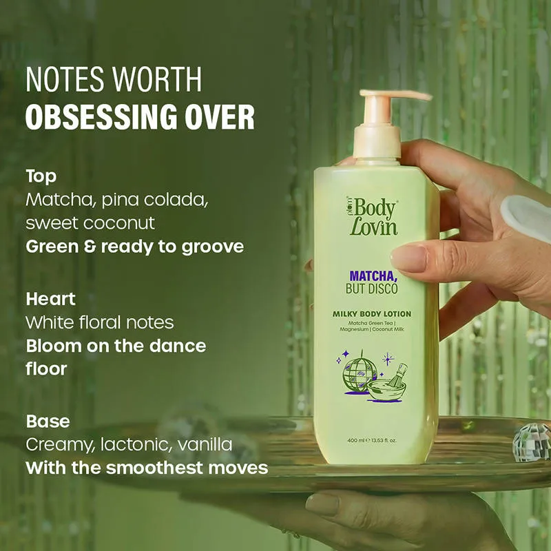 Plum BodyLovin’ Matcha, But Disco Milky Body Lotion, Calming Smoothening, Lactonic Matcha Fragrance