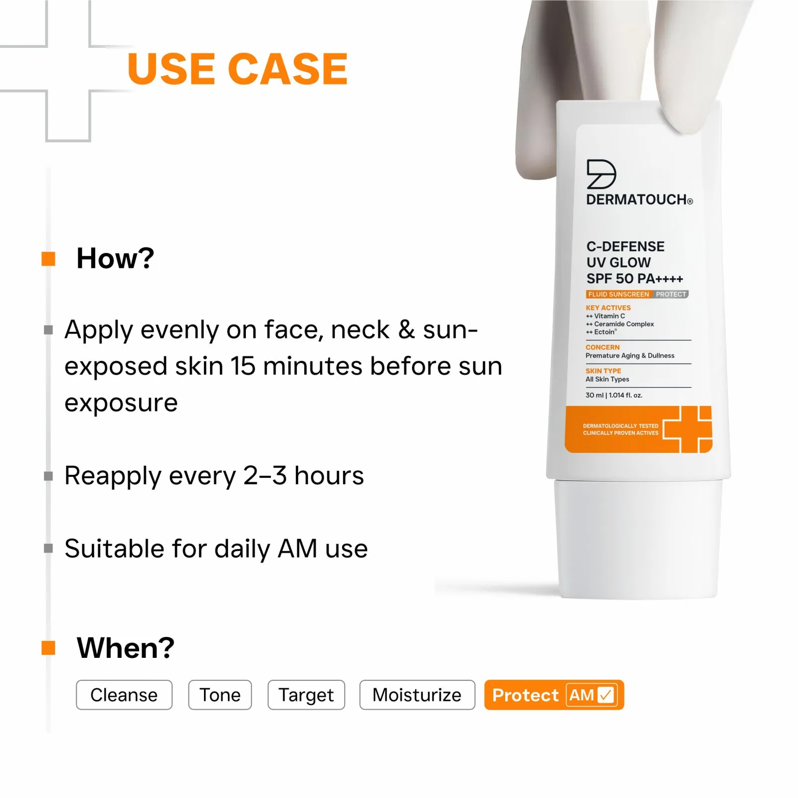 Dermatouch C-Defense UV Glow SPF 50 PA++++ Fluid Sunscreen for Premature Aging & Sunburn (In-Vivo & In-Vitro Tested)