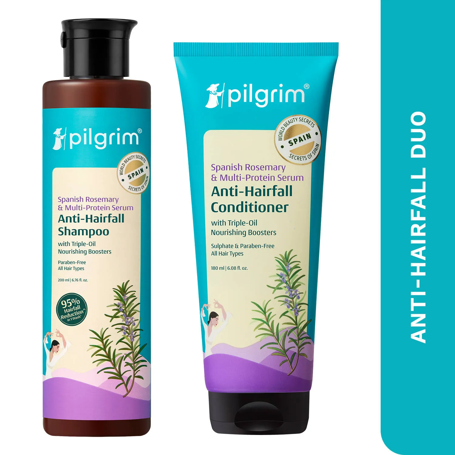 Pilgrim Spanish Rosemary & Biotin Anti-Hairfall Shampoo & Conditioner Duo upto 95% Stronger Hair