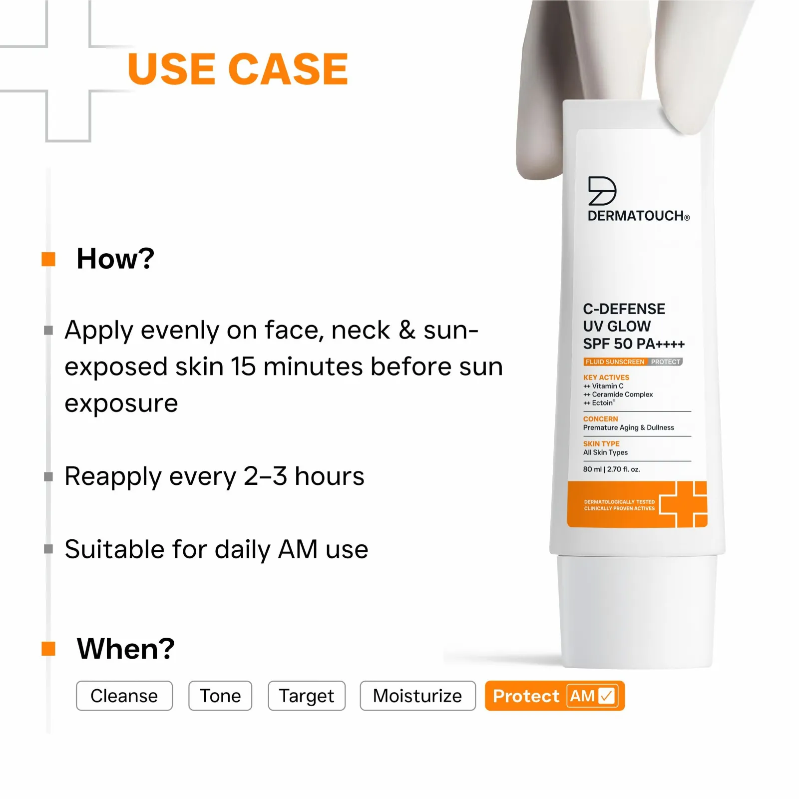 Dermatouch C-Defense UV Glow SPF 50 PA++++ Fluid Sunscreen for Premature Aging & Sunburn (In-Vivo & In-Vitro Tested) 80ml