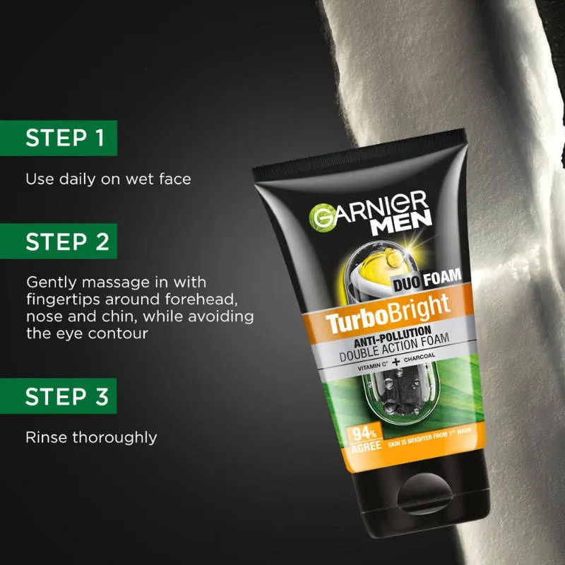 Garnier Men Turbo Bright Anti-Pollution Double Action with Charcoal and Vitamin C Face Wash
