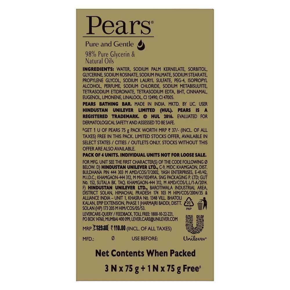 Pears Pure & Gentle Bathing Bar (Pack Of 4)