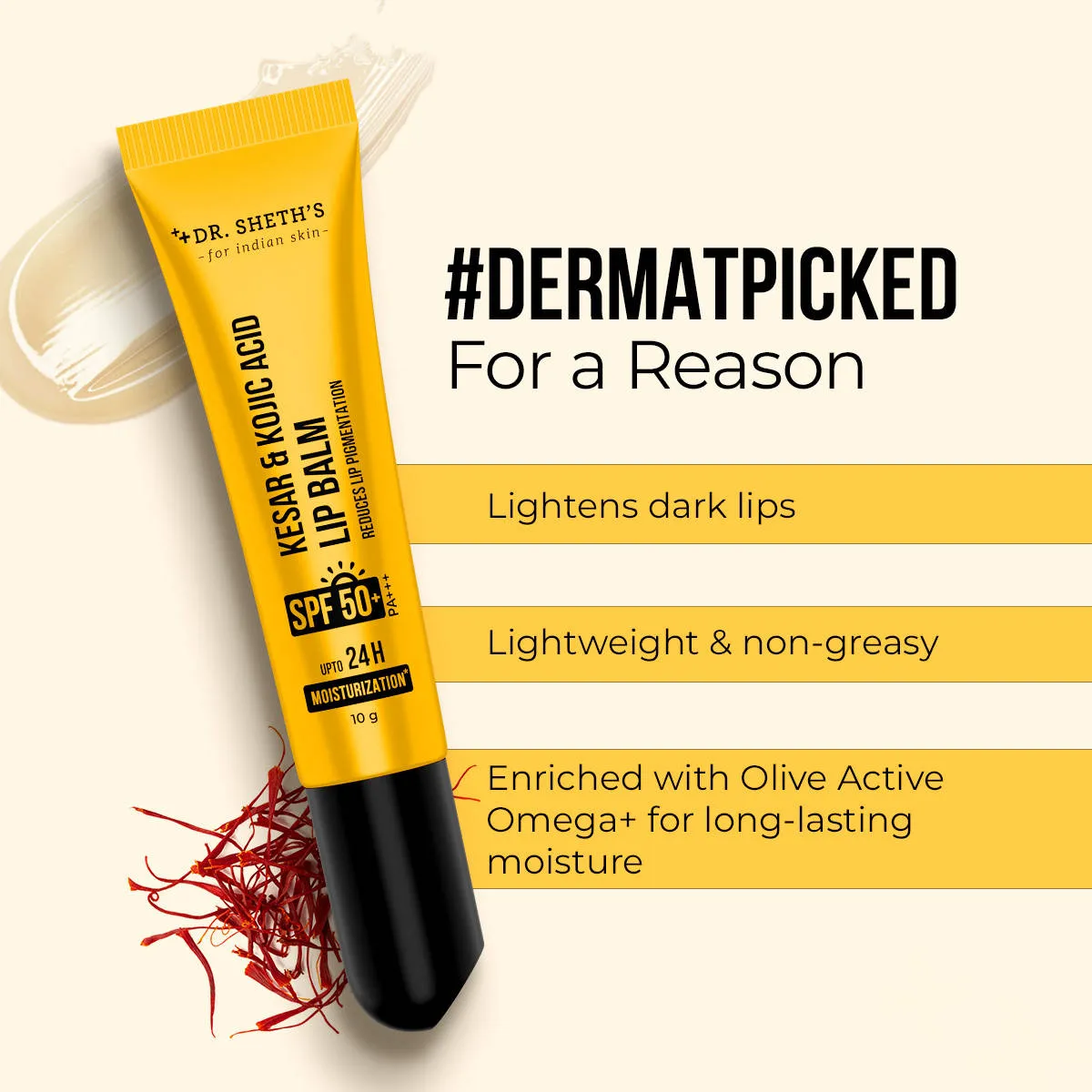 Dr. Sheth's Kesar and Kojic Acid Lip Balm SPF 50+ PA+++ for Pigmentation and 24H Moisturization
