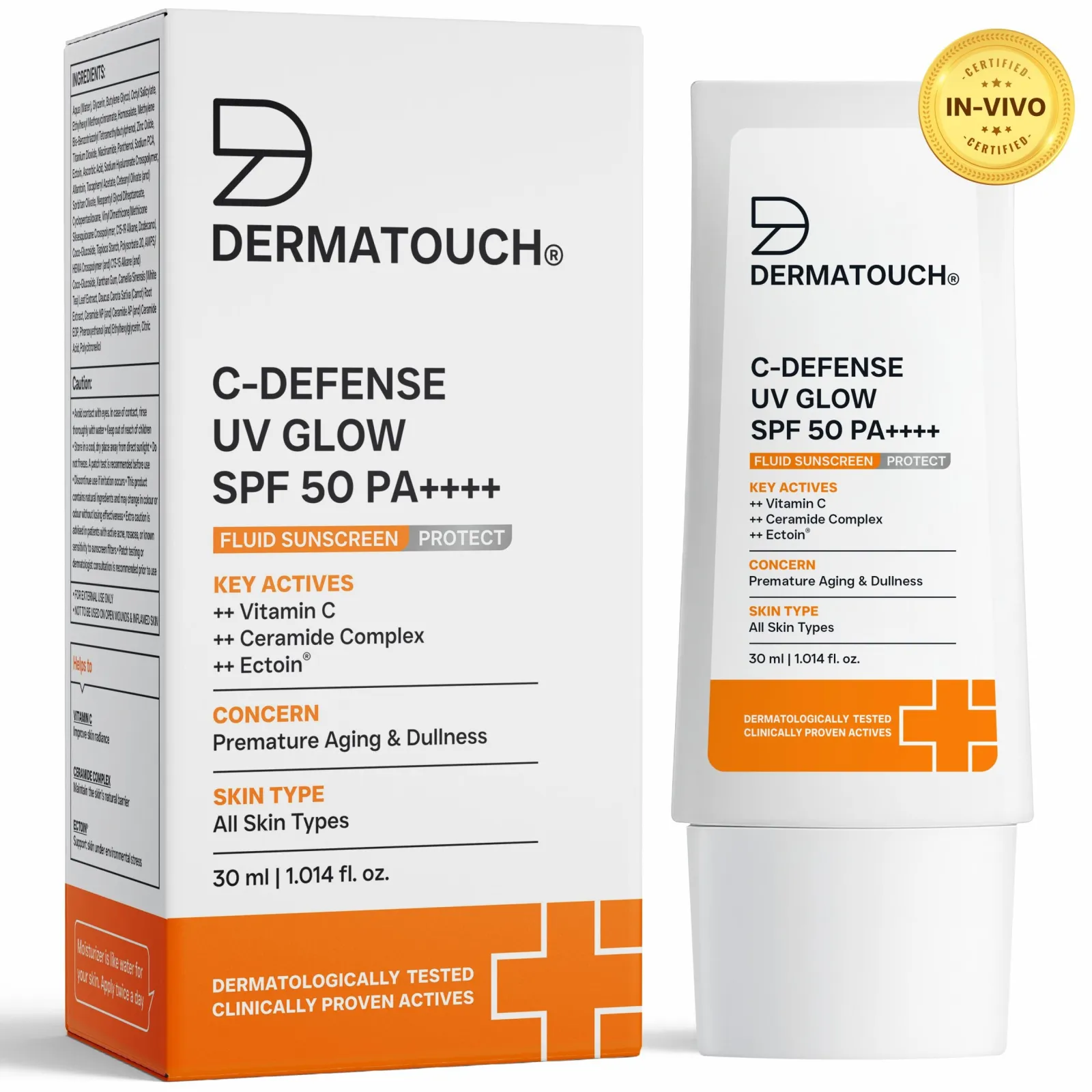 Dermatouch C-Defense UV Glow SPF 50 PA++++ Fluid Sunscreen for Premature Aging & Sunburn (In-Vivo & In-Vitro Tested) 30ml